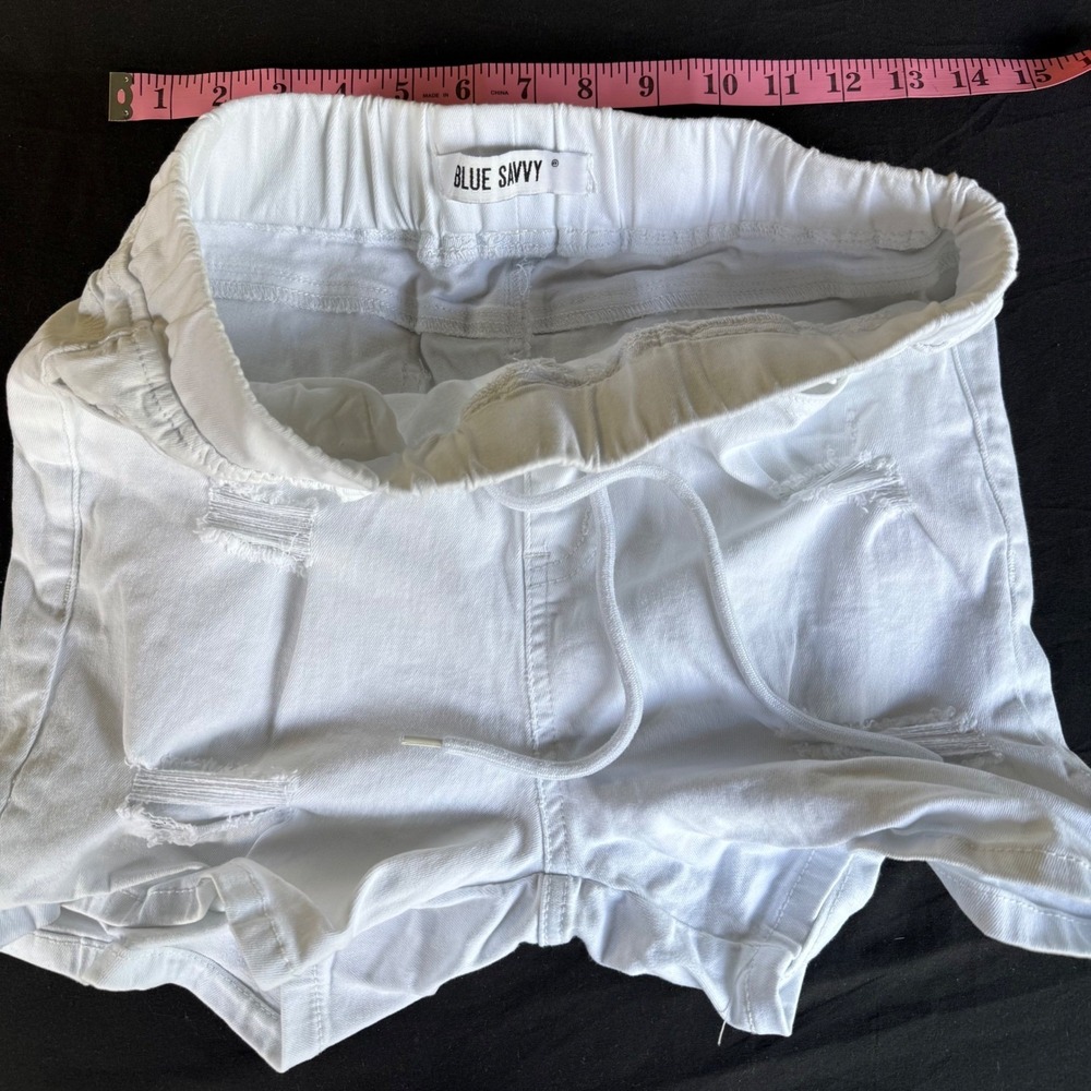 Blue Savvy Womens White Distressed Denim Shorts Elastic Drawstring Waist 7/28 - Picture 6 of 8